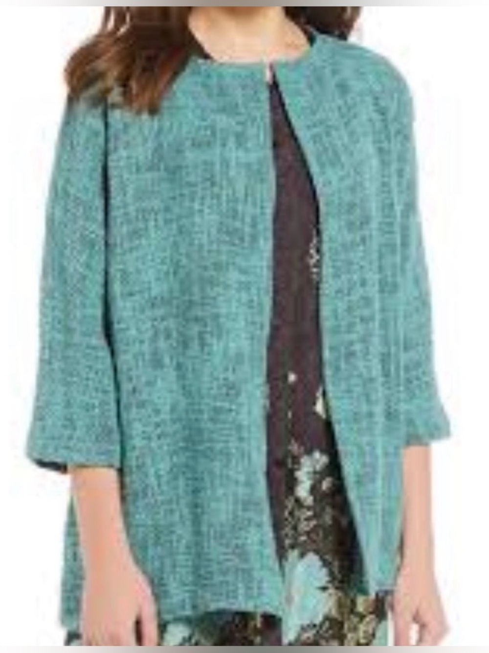 Masai Classic Open-Front Textured Cotton Boucle Knit Teal Oversized Jacket - XL - Picture 4 of 9